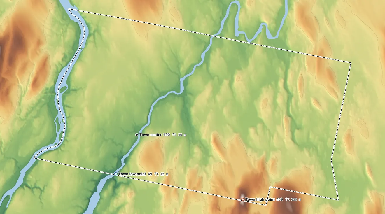 Topographic elevation map of Benton, Maine, shaded from 49 ft on the southwest side to 430 ft on Foss Hill