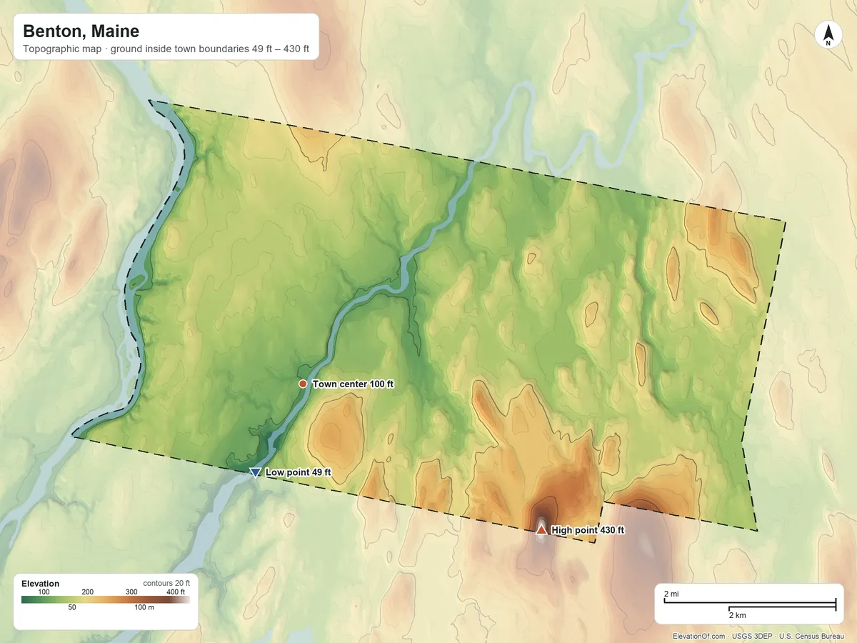 Topographic elevation map of Benton, Maine, shaded from 49 ft on the southwest side to 430 ft on Foss Hill