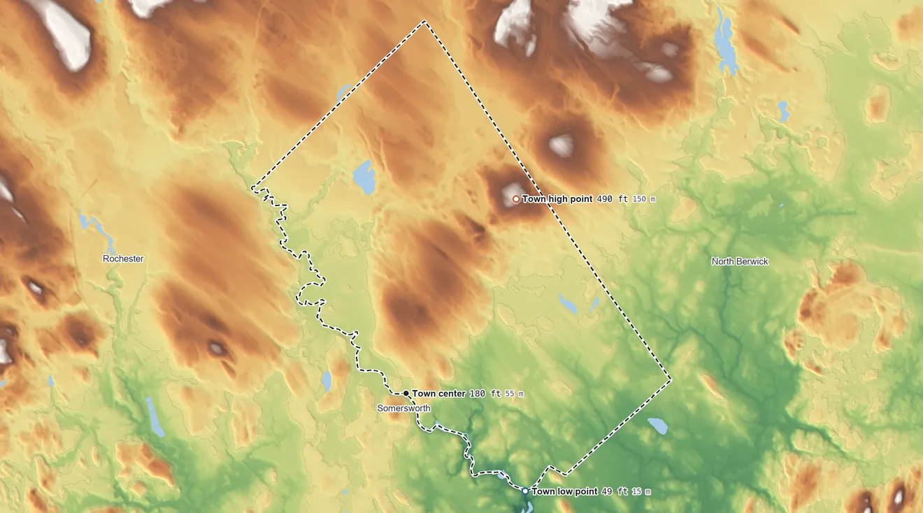 Topographic elevation map of Berwick, Maine, shaded from 49 ft on the southeast side to 490 ft on Diamond Hill