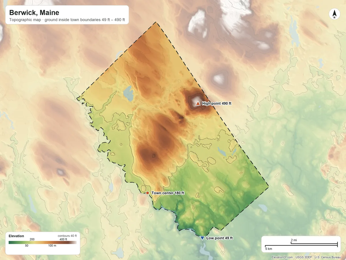 Topographic elevation map of Berwick, Maine, shaded from 49 ft on the southeast side to 490 ft on Diamond Hill