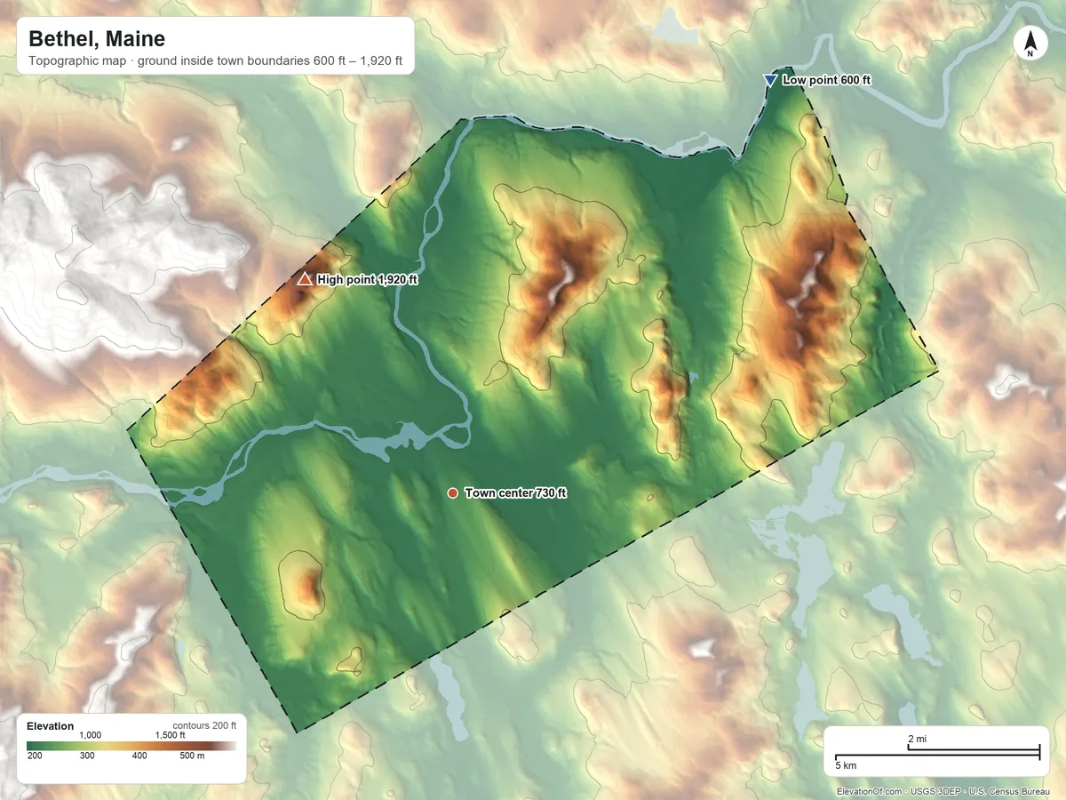 Topographic elevation map of Bethel, Maine, shaded from 600 ft on the northeast side to 1,920 ft on Locke Mountain