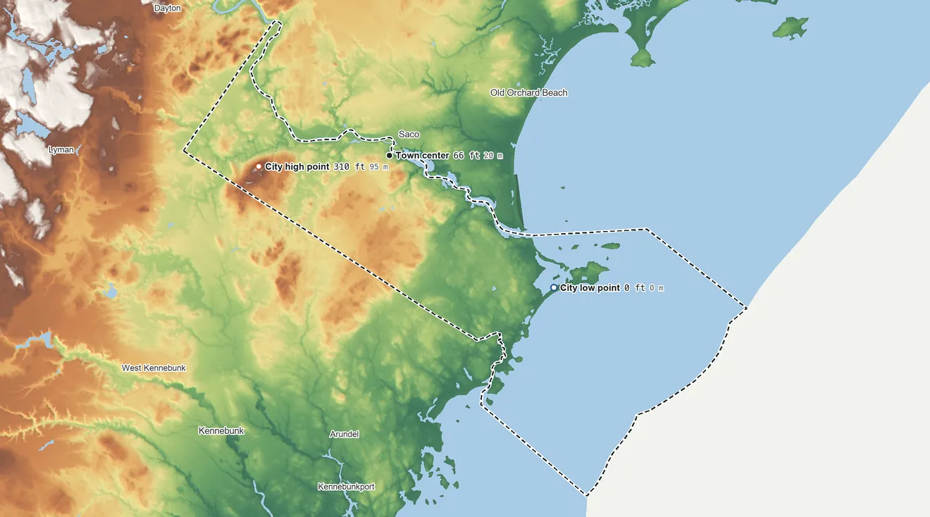 Topographic elevation map of Biddeford, Maine, shaded from sea level level on Saco Bay to 310 ft on the west side