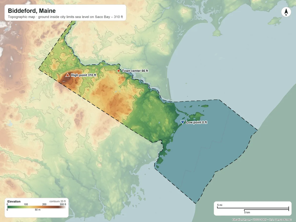 Topographic elevation map of Biddeford, Maine, shaded from sea level level on Saco Bay to 310 ft on the west side