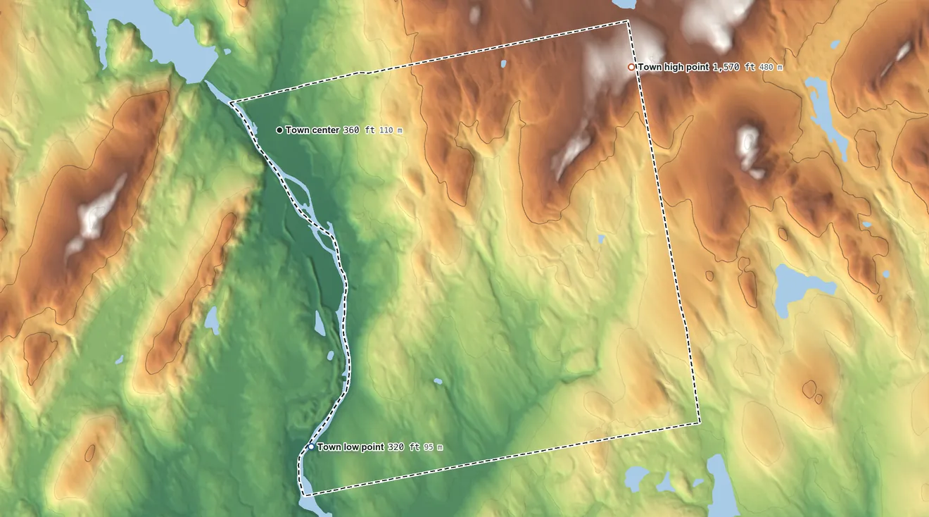 Topographic elevation map of Bingham, Maine, shaded from 320 ft on the south side to 1,570 ft on the east side