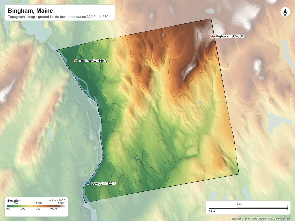 Topographic elevation map of Bingham, Maine, shaded from 320 ft on the south side to 1,570 ft on the east side