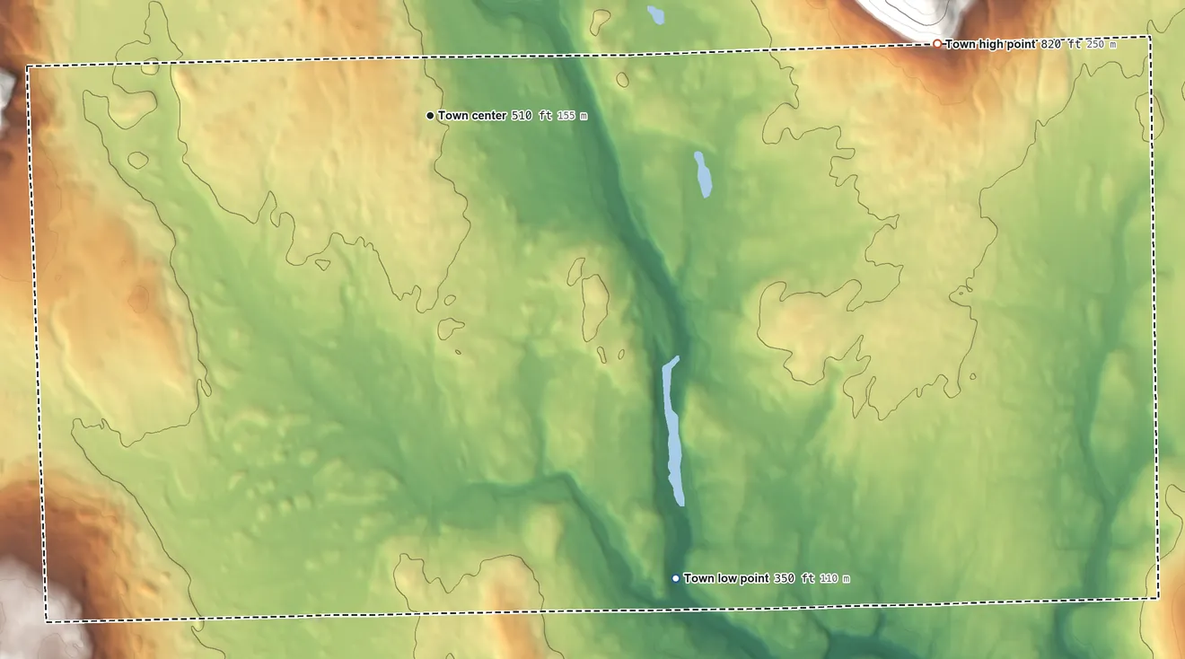 Topographic elevation map of Blaine, Maine, shaded from 350 ft on the southeast side to 820 ft on the east edge, below higher ground just outside