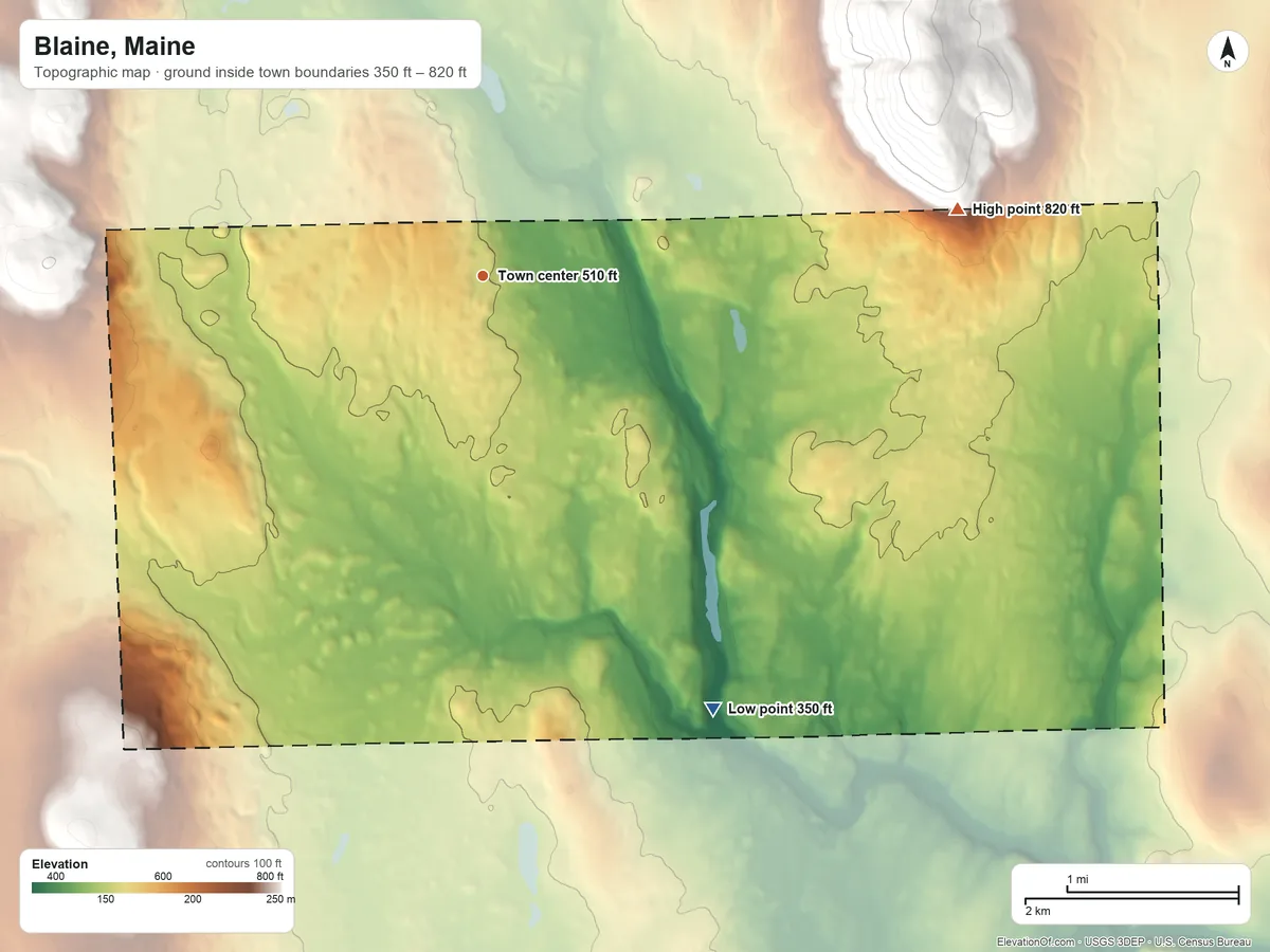 Topographic elevation map of Blaine, Maine, shaded from 350 ft on the southeast side to 820 ft on the east edge, below higher ground just outside