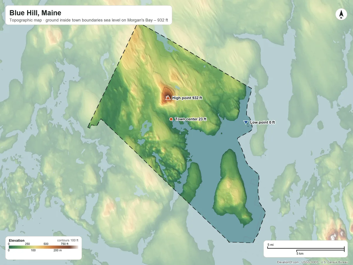 Topographic elevation map of Blue Hill, Maine, shaded from sea level level on Morgan's Bay to 932 ft on Blue Hill