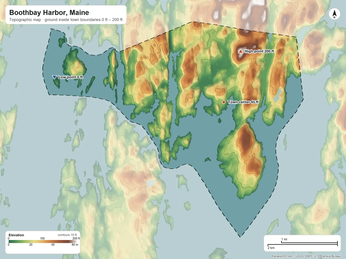 Topographic elevation map of Boothbay Harbor, Maine, shaded from 0 ft on the west side to 200 ft on the north side
