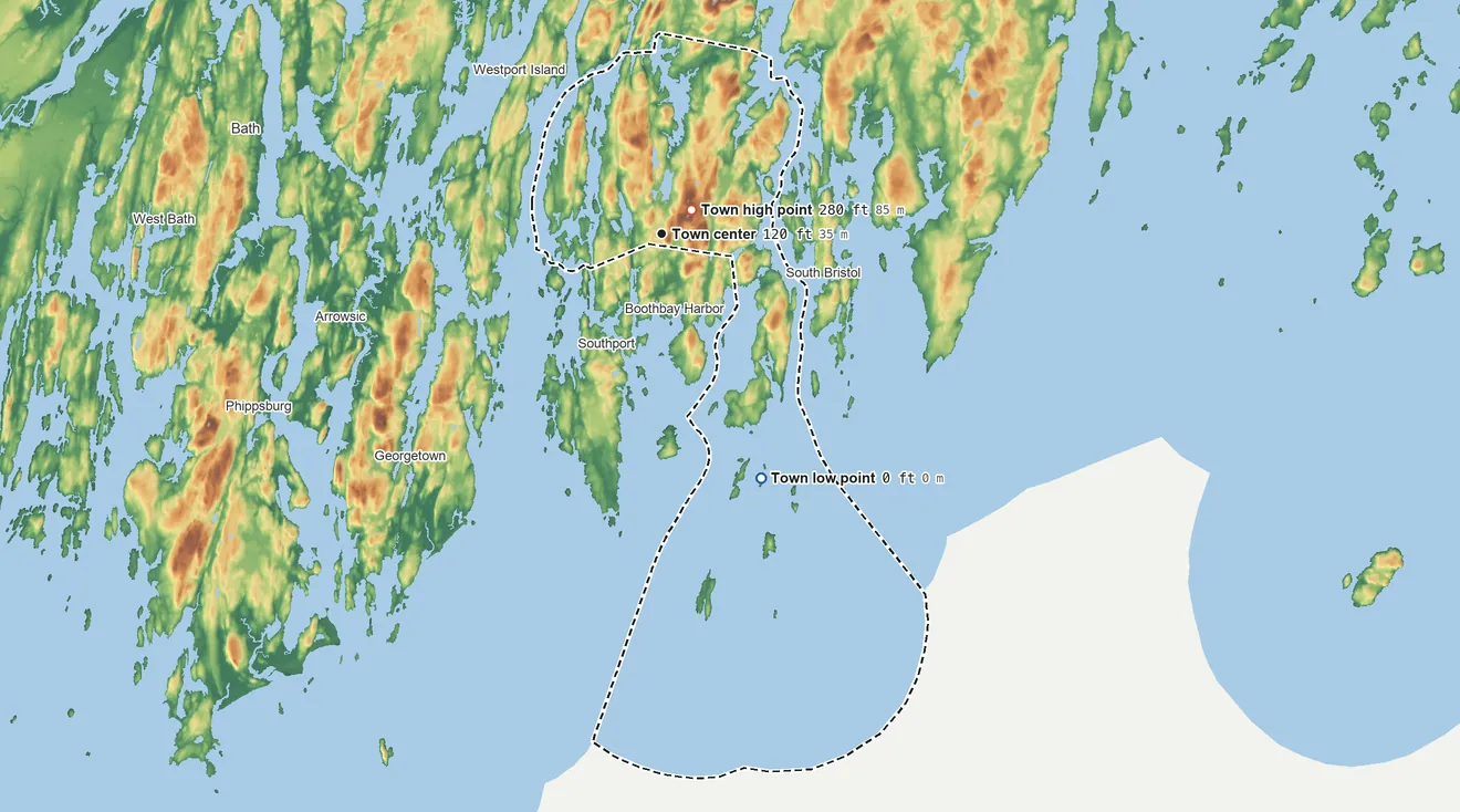 Topographic elevation map of Boothbay, Maine, shaded from sea level level on the Atlantic Ocean to 280 ft on Kenniston Hill