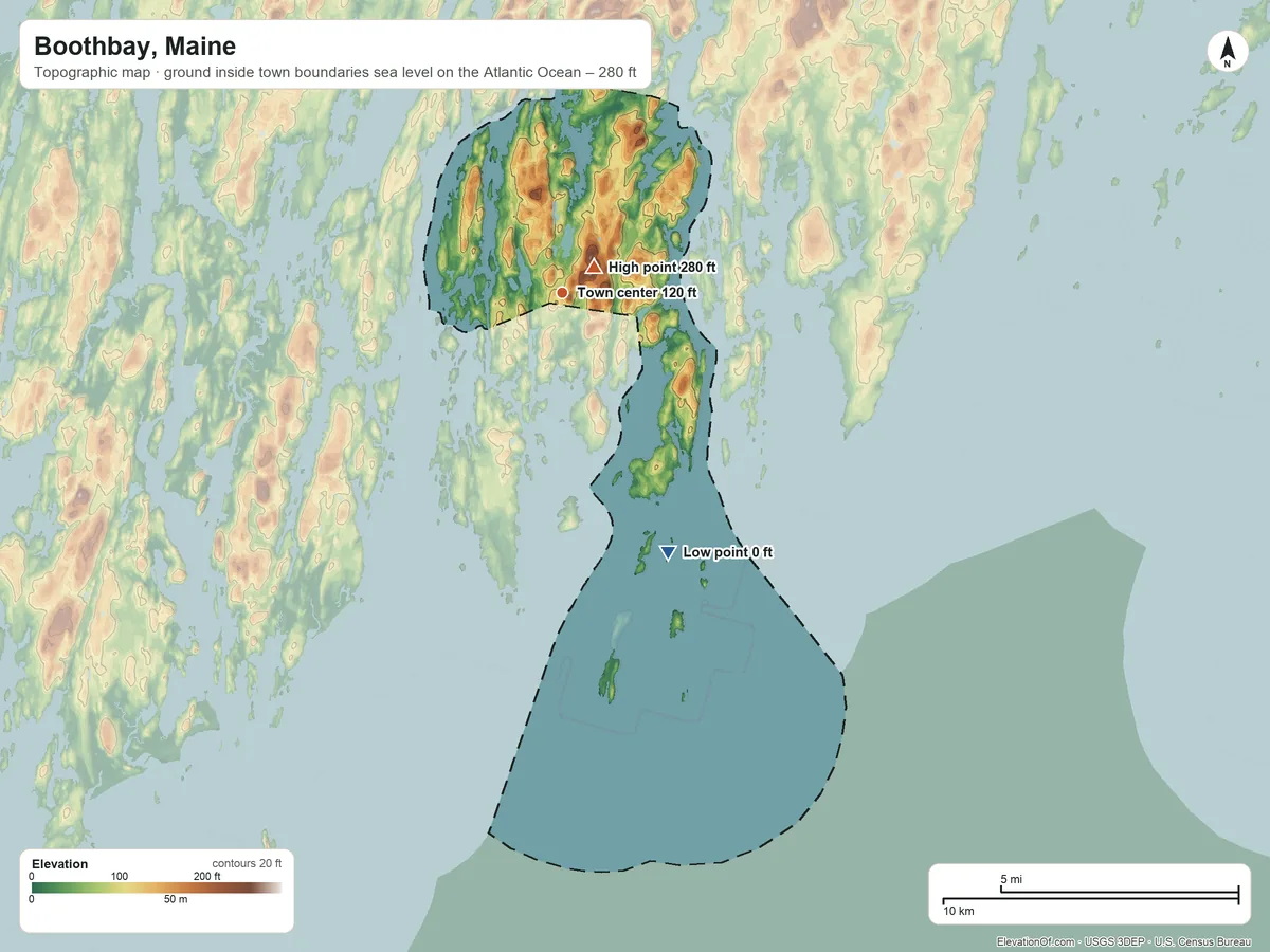 Topographic elevation map of Boothbay, Maine, shaded from sea level level on the Atlantic Ocean to 280 ft on Kenniston Hill