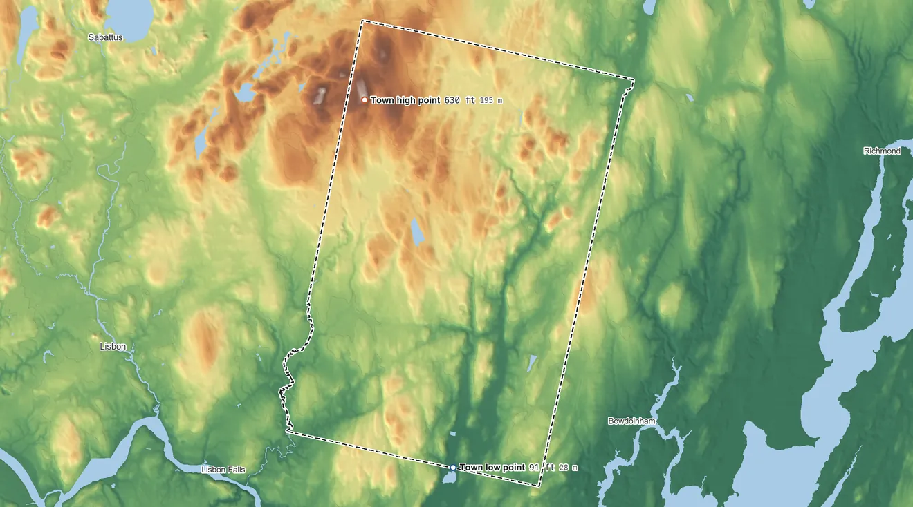 Topographic elevation map of Bowdoin, Maine, shaded from 91 ft on the south side to 630 ft on Whitten Hill