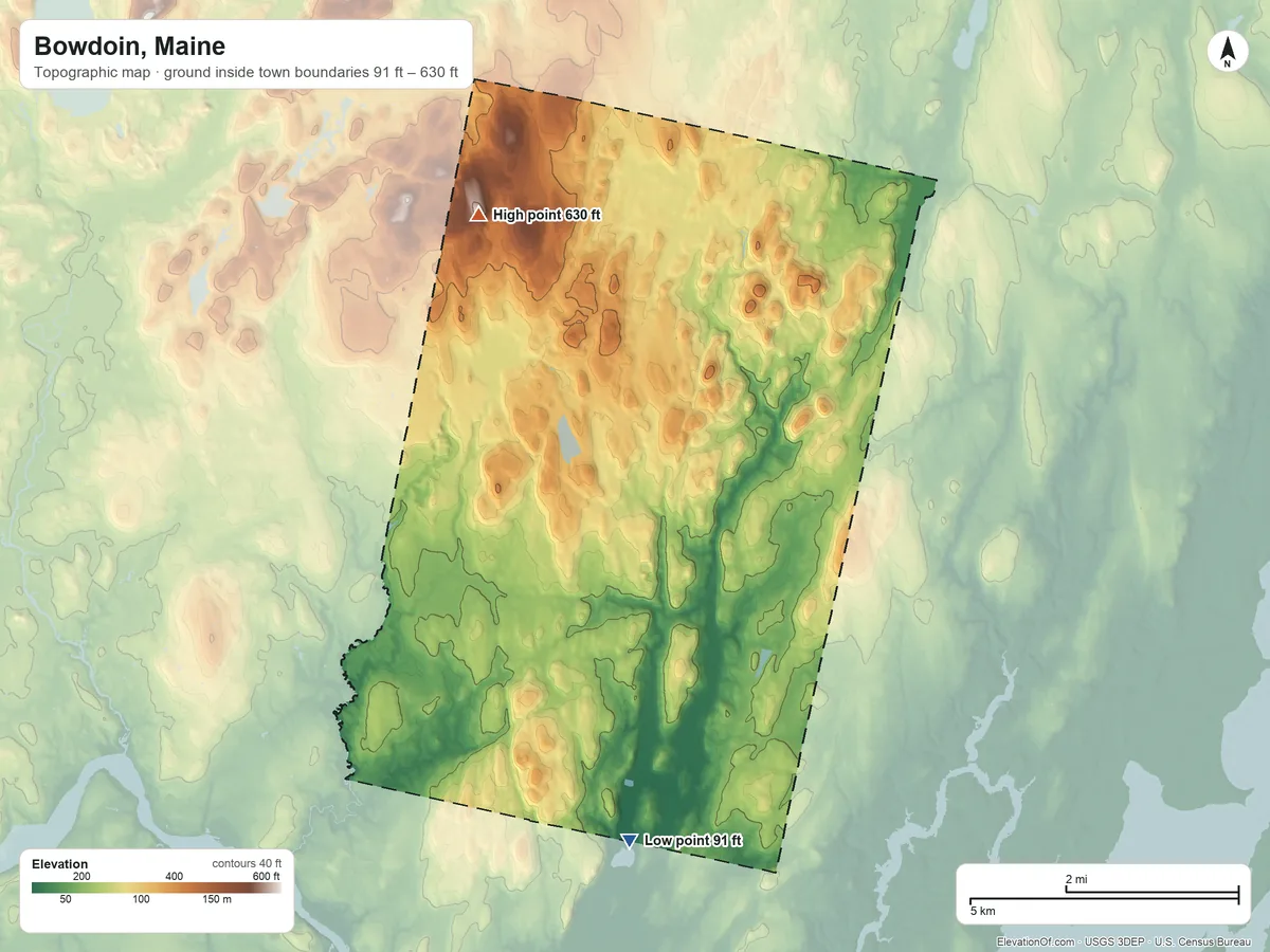 Topographic elevation map of Bowdoin, Maine, shaded from 91 ft on the south side to 630 ft on Whitten Hill