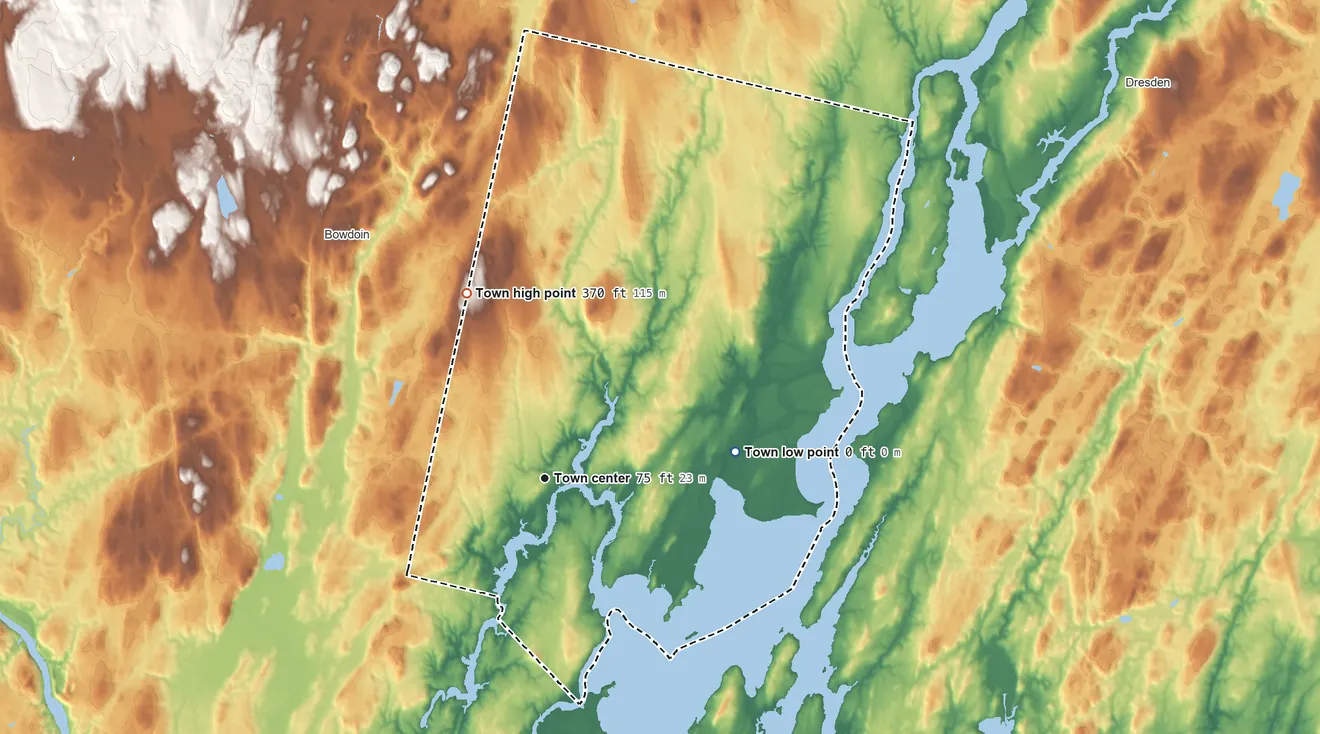 Topographic elevation map of Bowdoinham, Maine, shaded from 0 ft on the east side to 370 ft on the northwest side