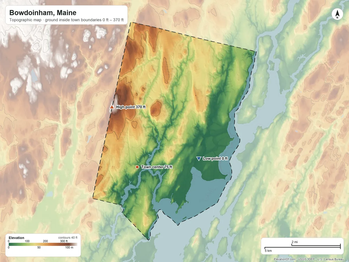 Topographic elevation map of Bowdoinham, Maine, shaded from 0 ft on the east side to 370 ft on the northwest side