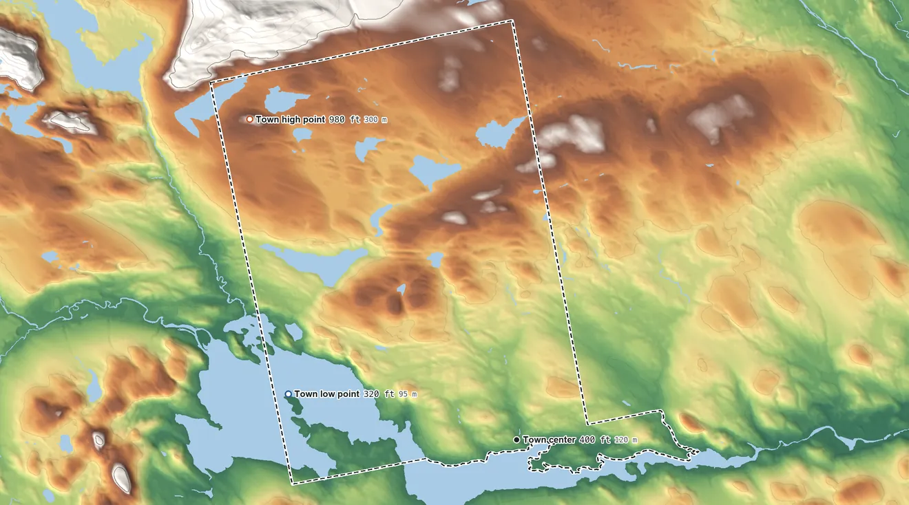 Topographic elevation map of Bowerbank, Maine, shaded from 320 ft on the west side to 980 ft on the northwest edge, below higher ground just outside