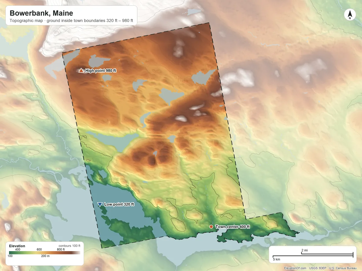 Topographic elevation map of Bowerbank, Maine, shaded from 320 ft on the west side to 980 ft on the northwest edge, below higher ground just outside