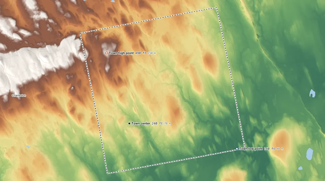 Topographic elevation map of Bradford, Maine, shaded from 140 ft on the east side to 490 ft on the north side