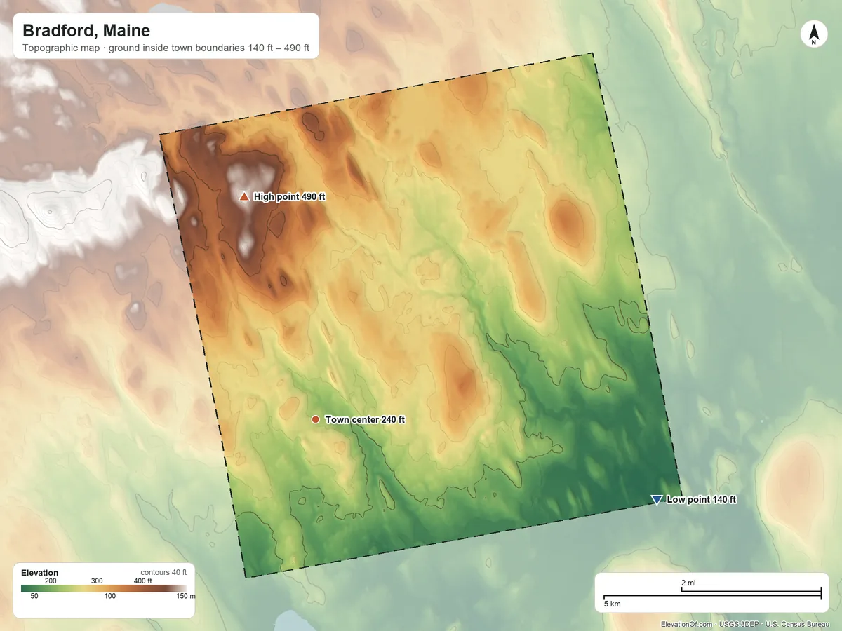 Topographic elevation map of Bradford, Maine, shaded from 140 ft on the east side to 490 ft on the north side