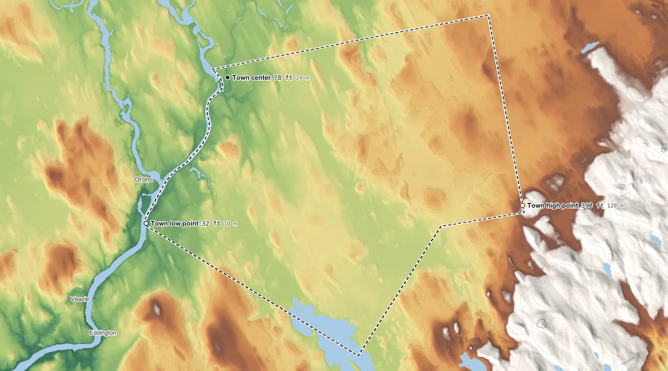 Topographic elevation map of Bradley, Maine, shaded from 32 ft on the southwest side to 390 ft on the southeast edge, below higher ground just outside