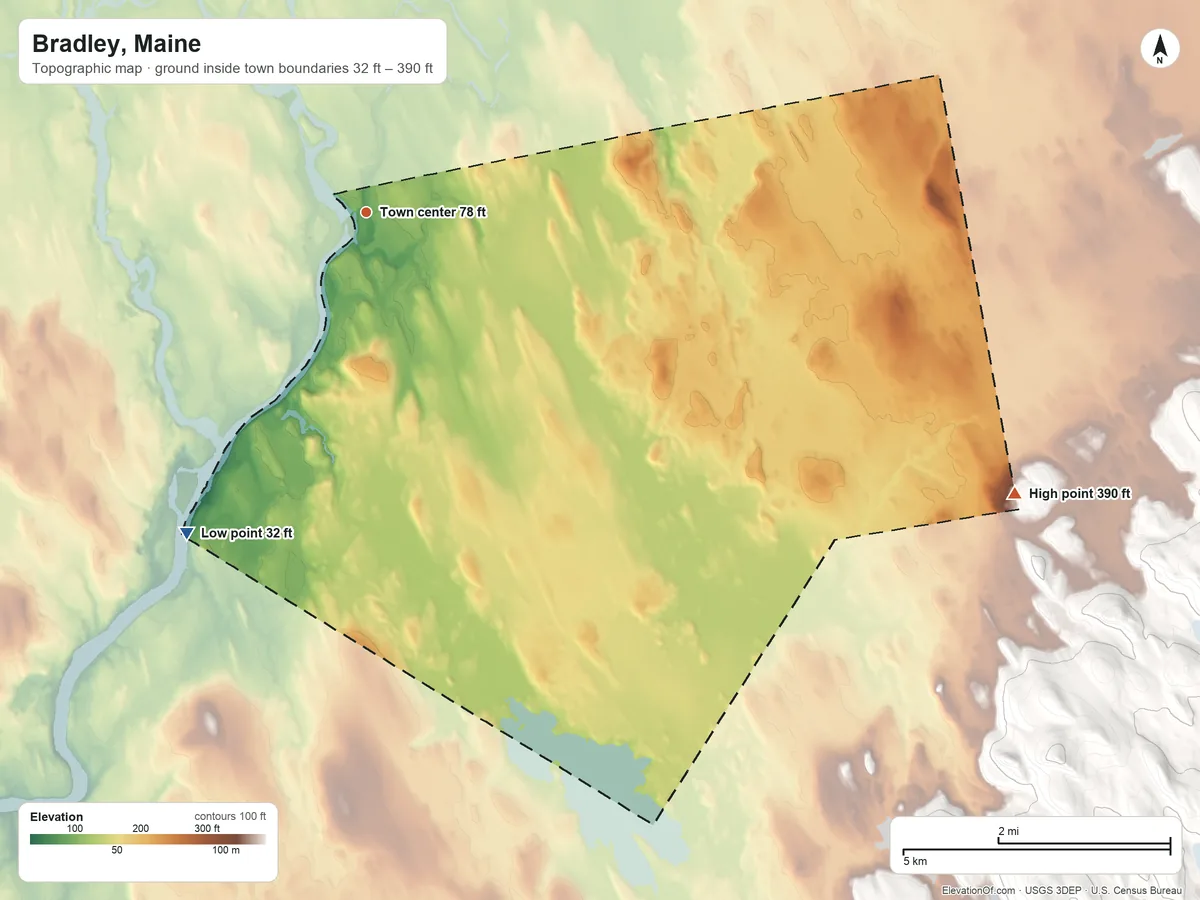 Topographic elevation map of Bradley, Maine, shaded from 32 ft on the southwest side to 390 ft on the southeast edge, below higher ground just outside
