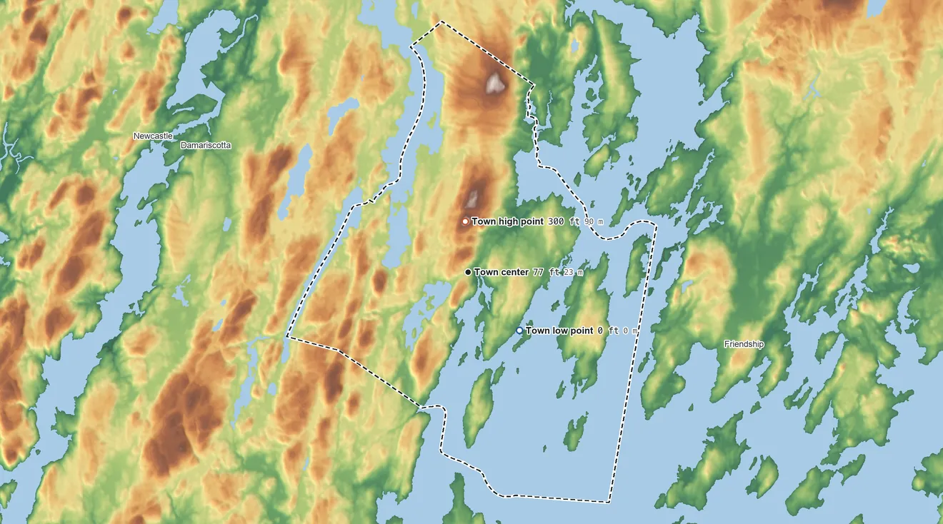 Topographic elevation map of Bremen, Maine, shaded from sea level level on the Atlantic Ocean to 300 ft on Johnston Hill