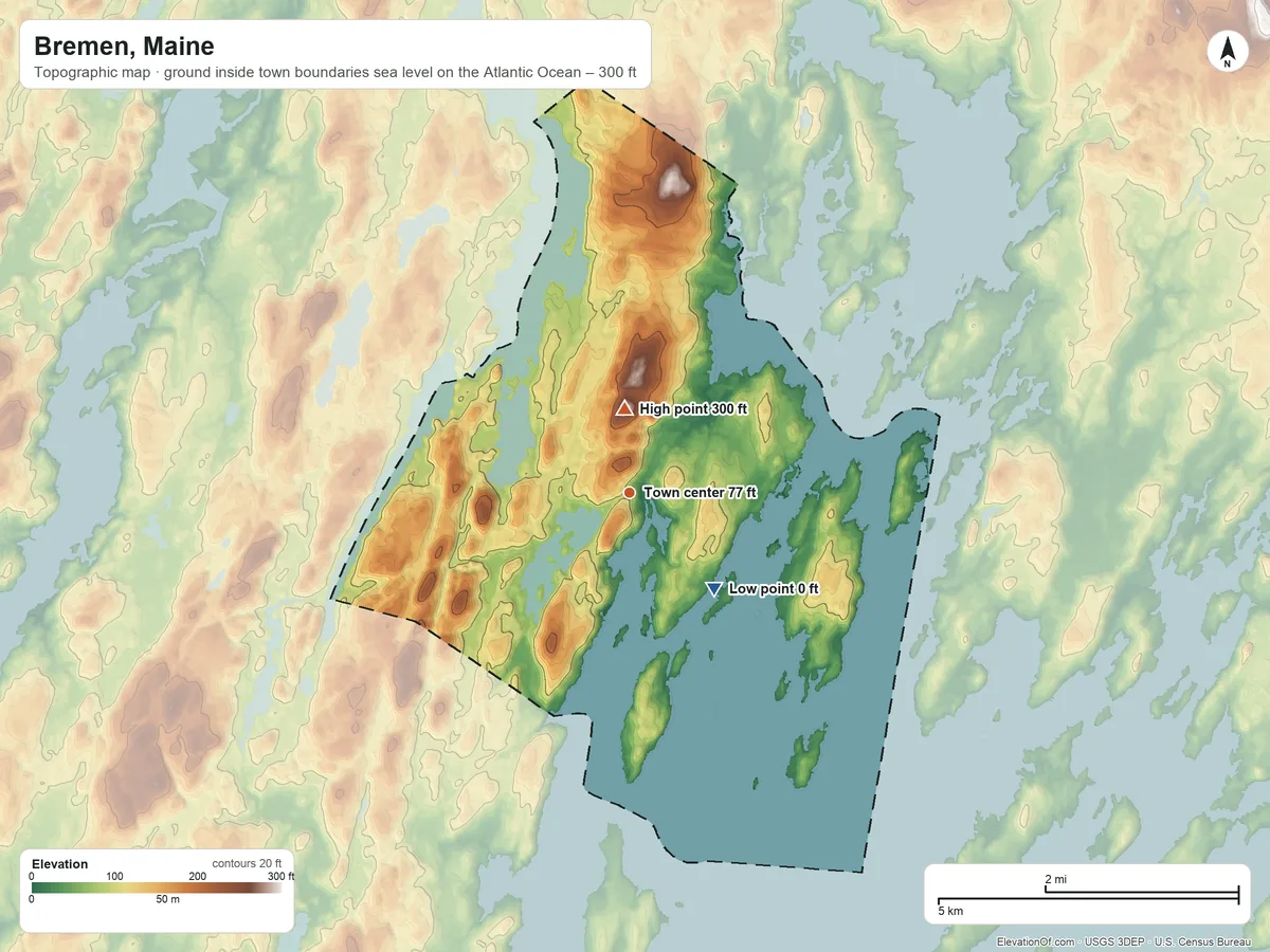 Topographic elevation map of Bremen, Maine, shaded from sea level level on the Atlantic Ocean to 300 ft on Johnston Hill