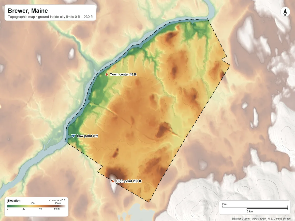 Topographic elevation map of Brewer, Maine, shaded from 0 ft on the southwest side to 230 ft on the south side