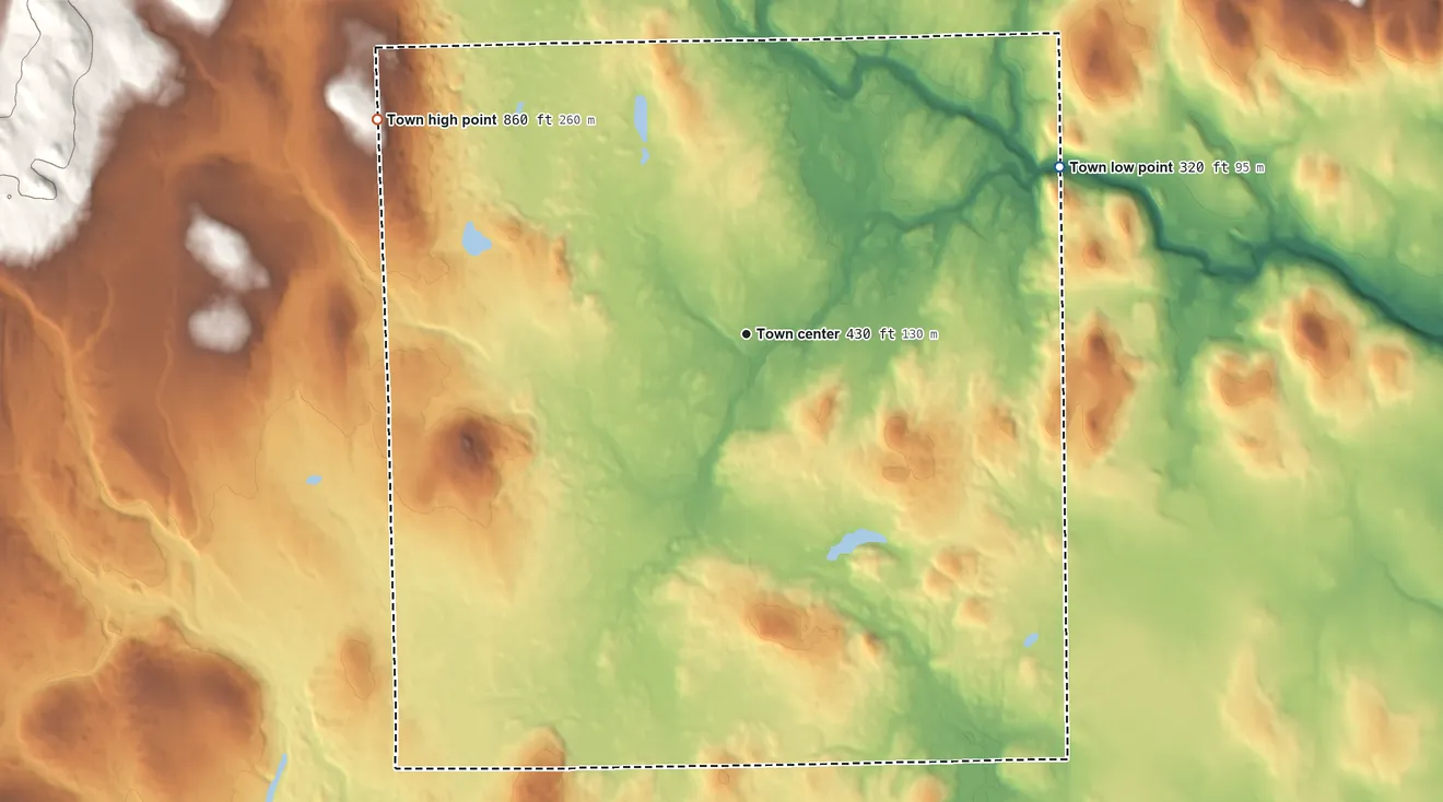 Topographic elevation map of Bridgewater, Maine, shaded from 320 ft on the northeast side to 860 ft on the northwest side