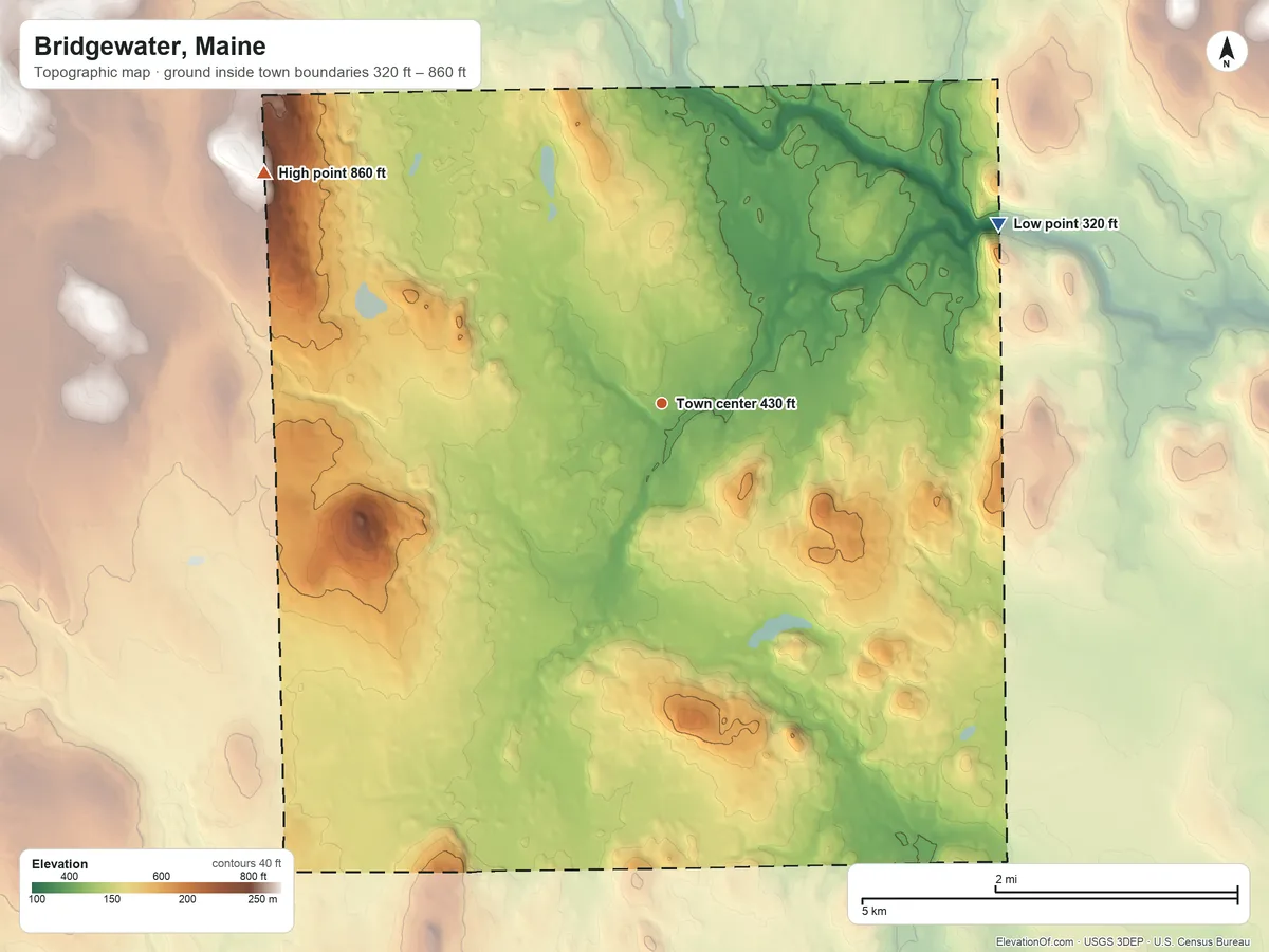 Topographic elevation map of Bridgewater, Maine, shaded from 320 ft on the northeast side to 860 ft on the northwest side