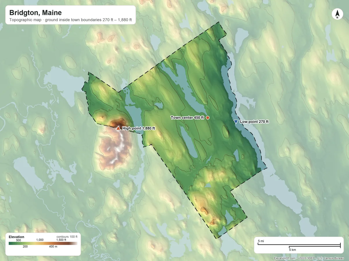 Topographic elevation map of Bridgton, Maine, shaded from 270 ft near the middle to 1,880 ft on the west side