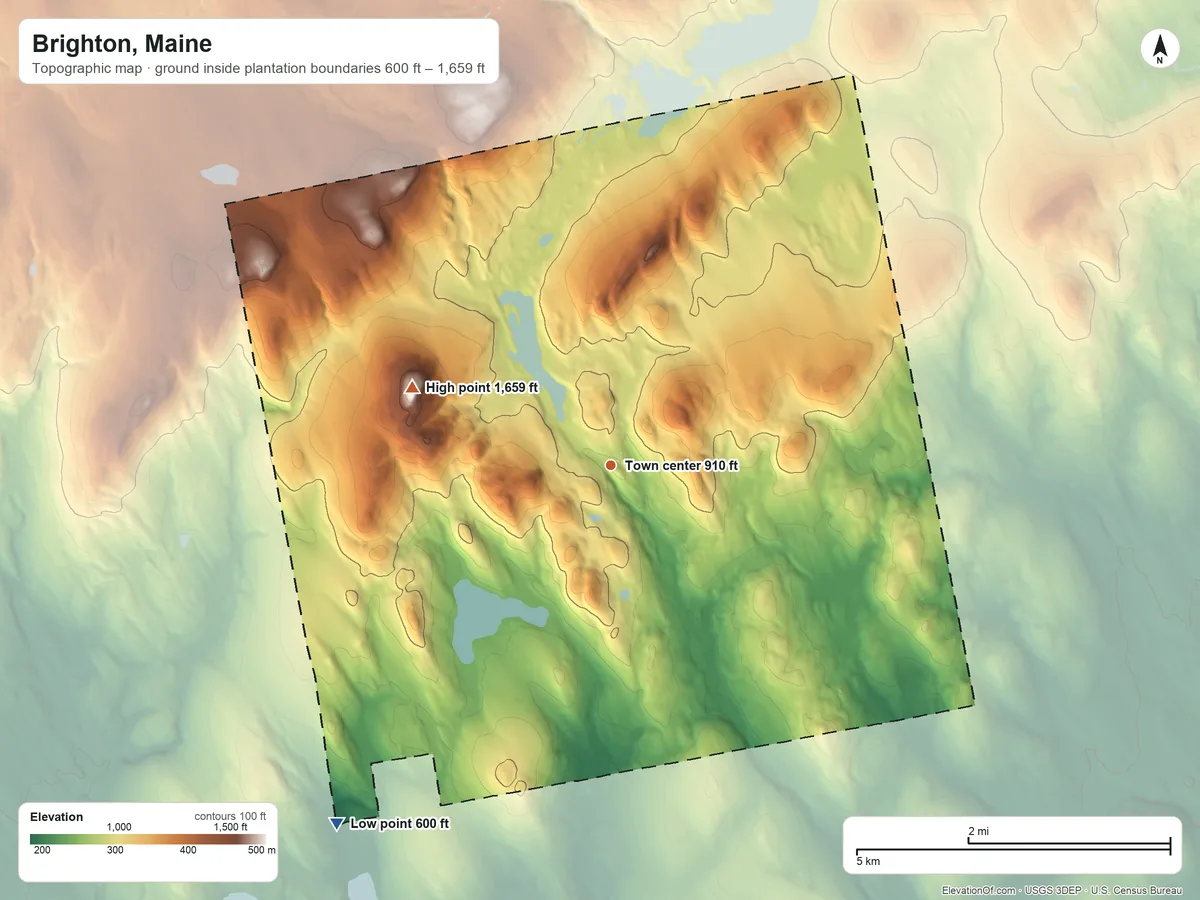 Topographic elevation map of Brighton, Maine, shaded from 600 ft on the southwest side to 1,659 ft on Kelly Mountain