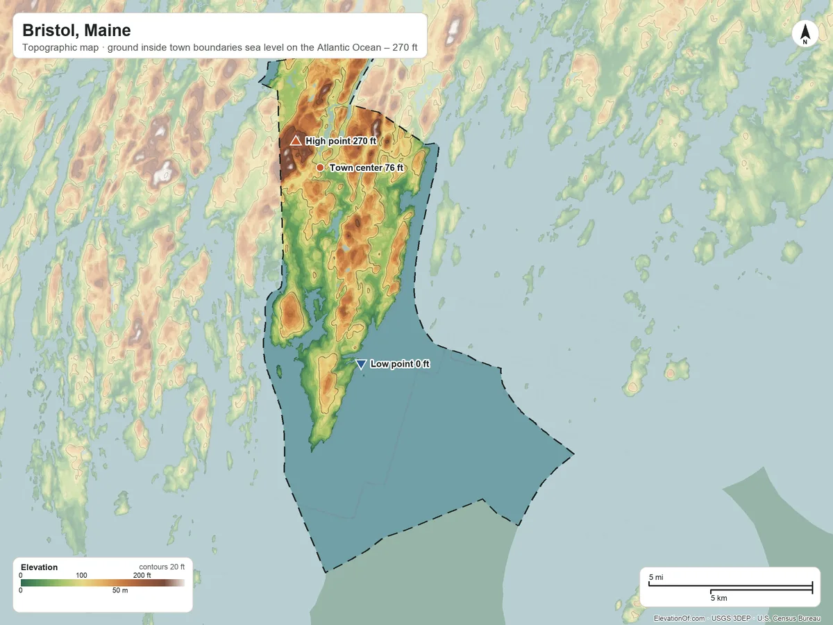 Topographic elevation map of Bristol, Maine, shaded from sea level level on the Atlantic Ocean to 270 ft near the middle