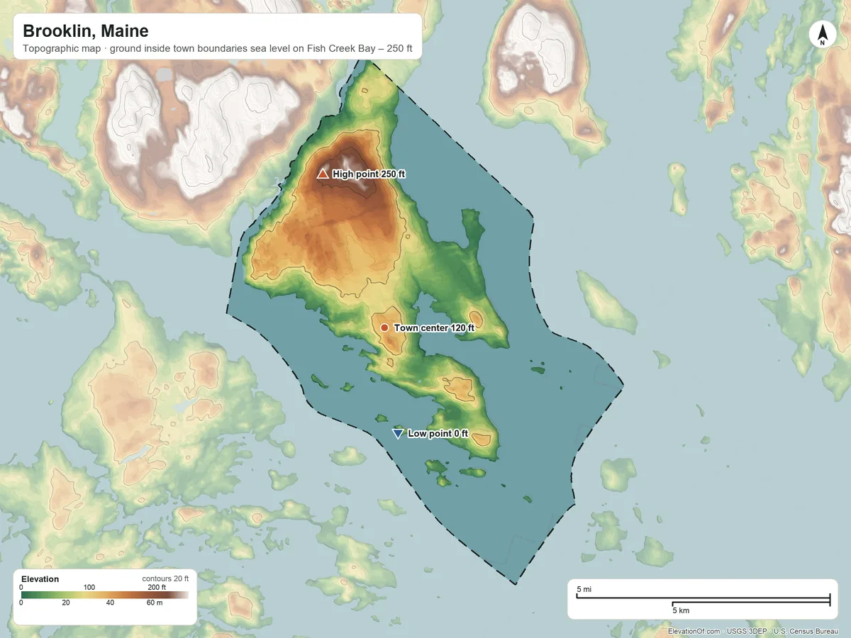 Topographic elevation map of Brooklin, Maine, shaded from sea level level on Fish Creek Bay to 250 ft on the north side