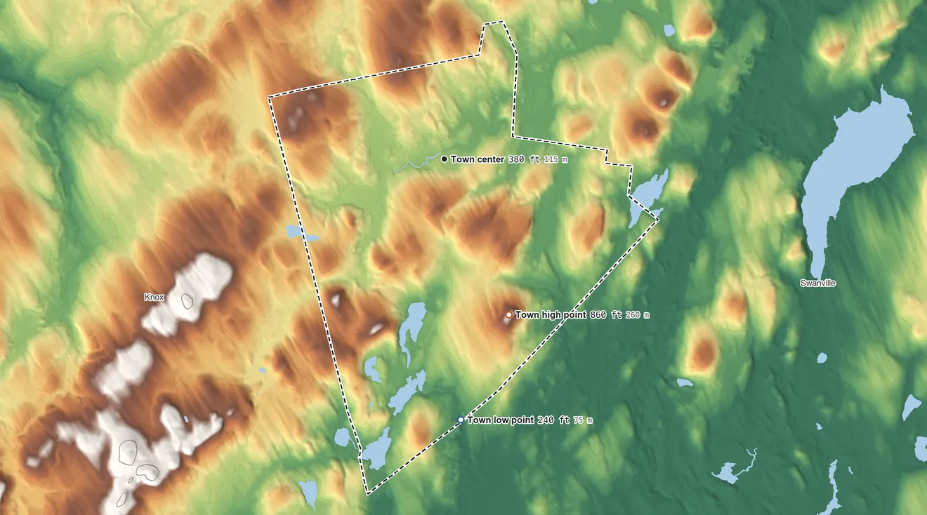 Topographic elevation map of Brooks, Maine, shaded from 240 ft on the south side to 860 ft on Oak Hill