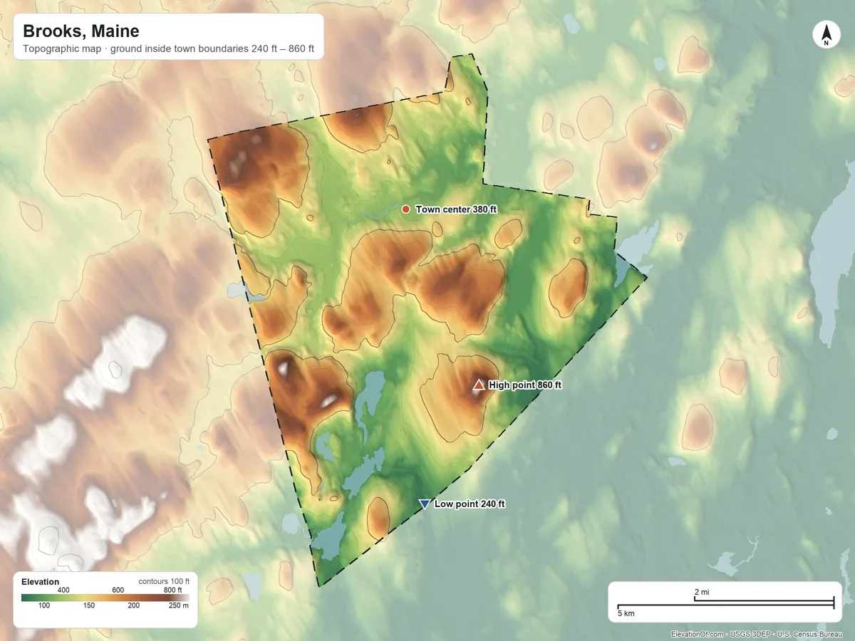 Topographic elevation map of Brooks, Maine, shaded from 240 ft on the south side to 860 ft on Oak Hill