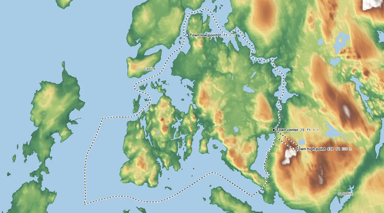 Topographic elevation map of Brooksville, Maine, shaded from sea level level on the Bagaduce to 430 ft near the middle
