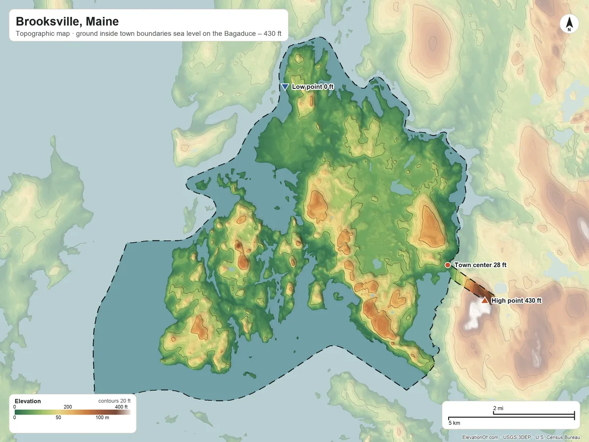 Topographic elevation map of Brooksville, Maine, shaded from sea level level on the Bagaduce to 430 ft near the middle