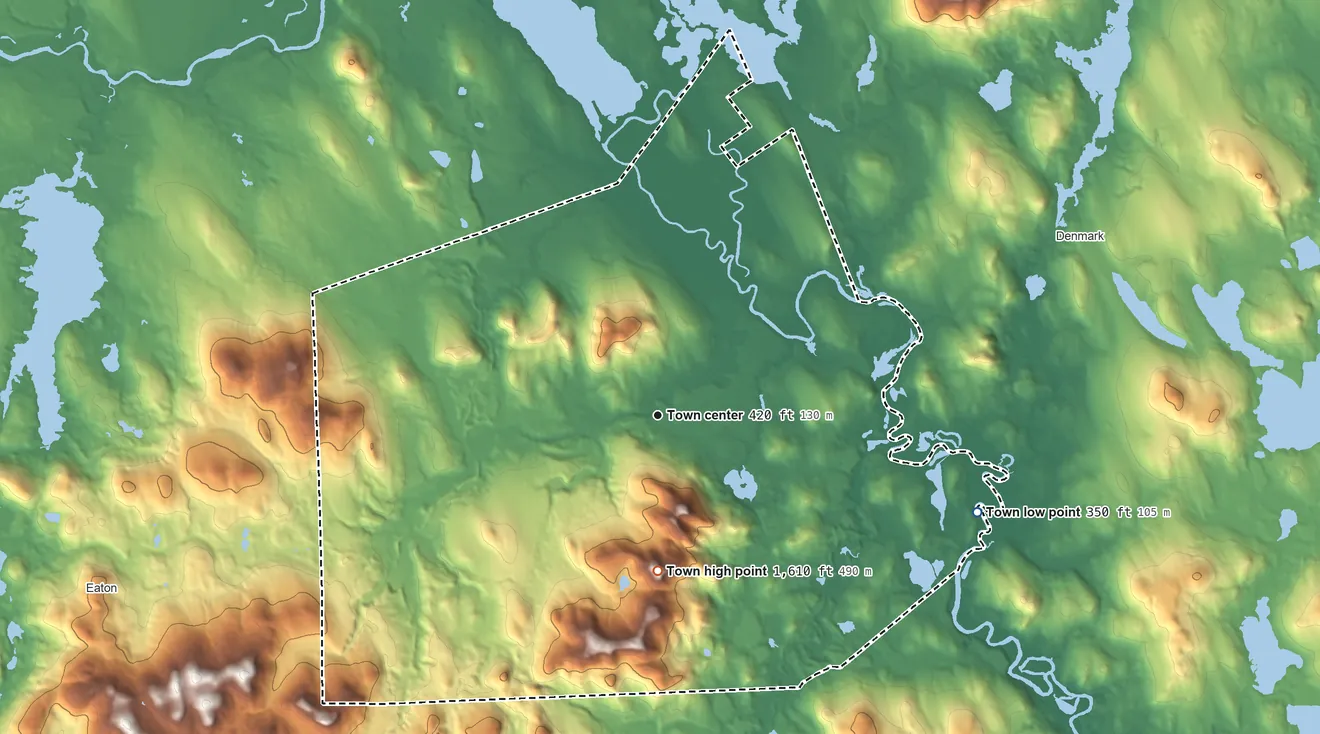 Topographic elevation map of Brownfield, Maine, shaded from 350 ft on the east side to 1,610 ft on Stone Mountain