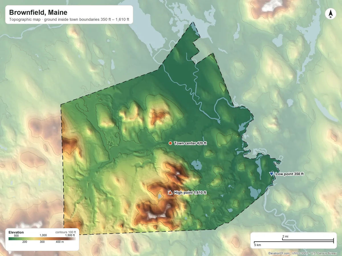 Topographic elevation map of Brownfield, Maine, shaded from 350 ft on the east side to 1,610 ft on Stone Mountain