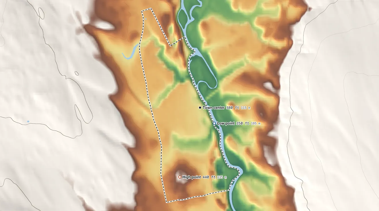 Topographic elevation map of Brownville Junction, Maine, shaded from 350 ft near the middle to 440 ft on the south side