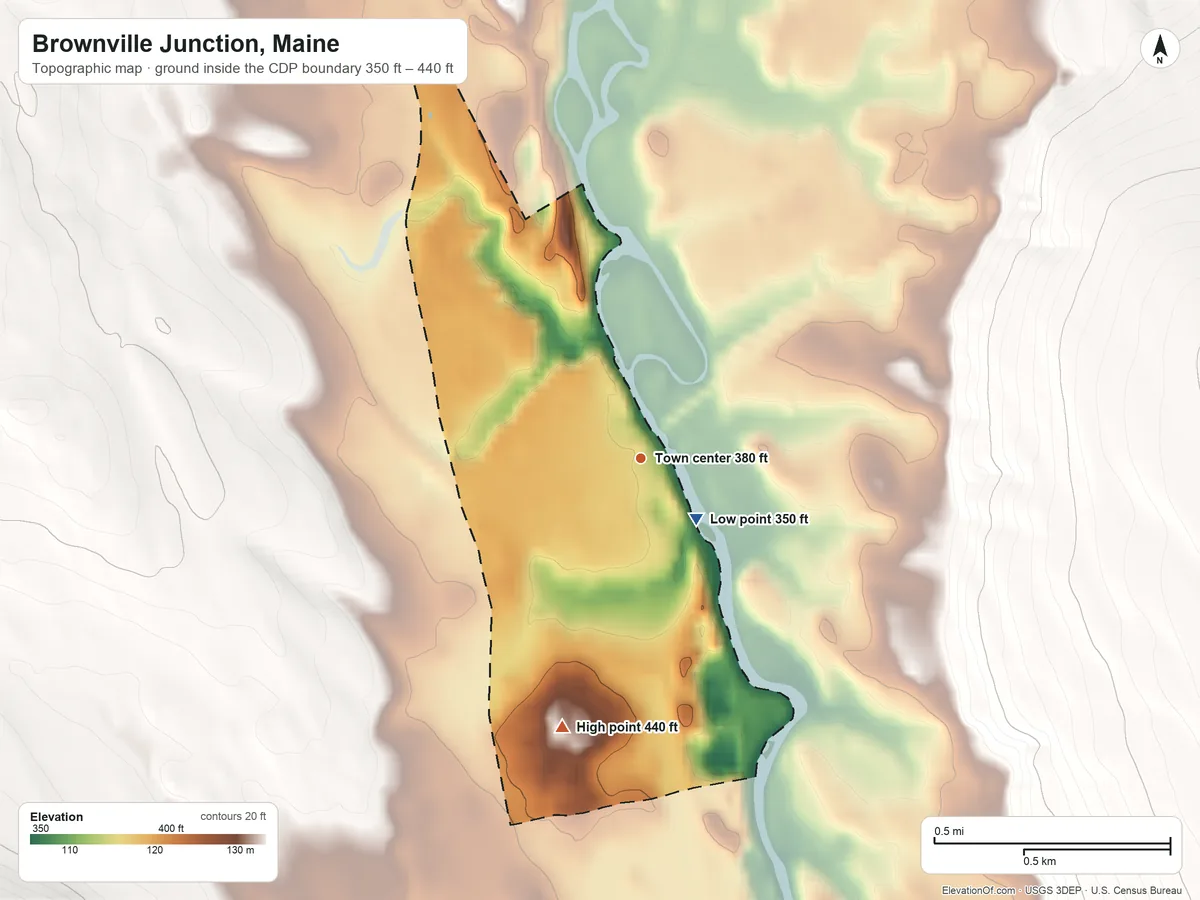 Topographic elevation map of Brownville Junction, Maine, shaded from 350 ft near the middle to 440 ft on the south side