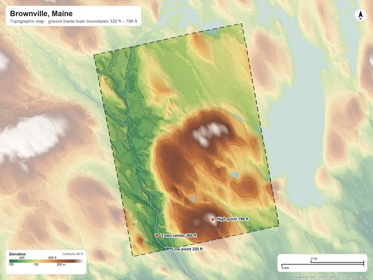 Topographic elevation map of Brownville, Maine, shaded from 320 ft near the middle to 798 ft on Stickney Hill