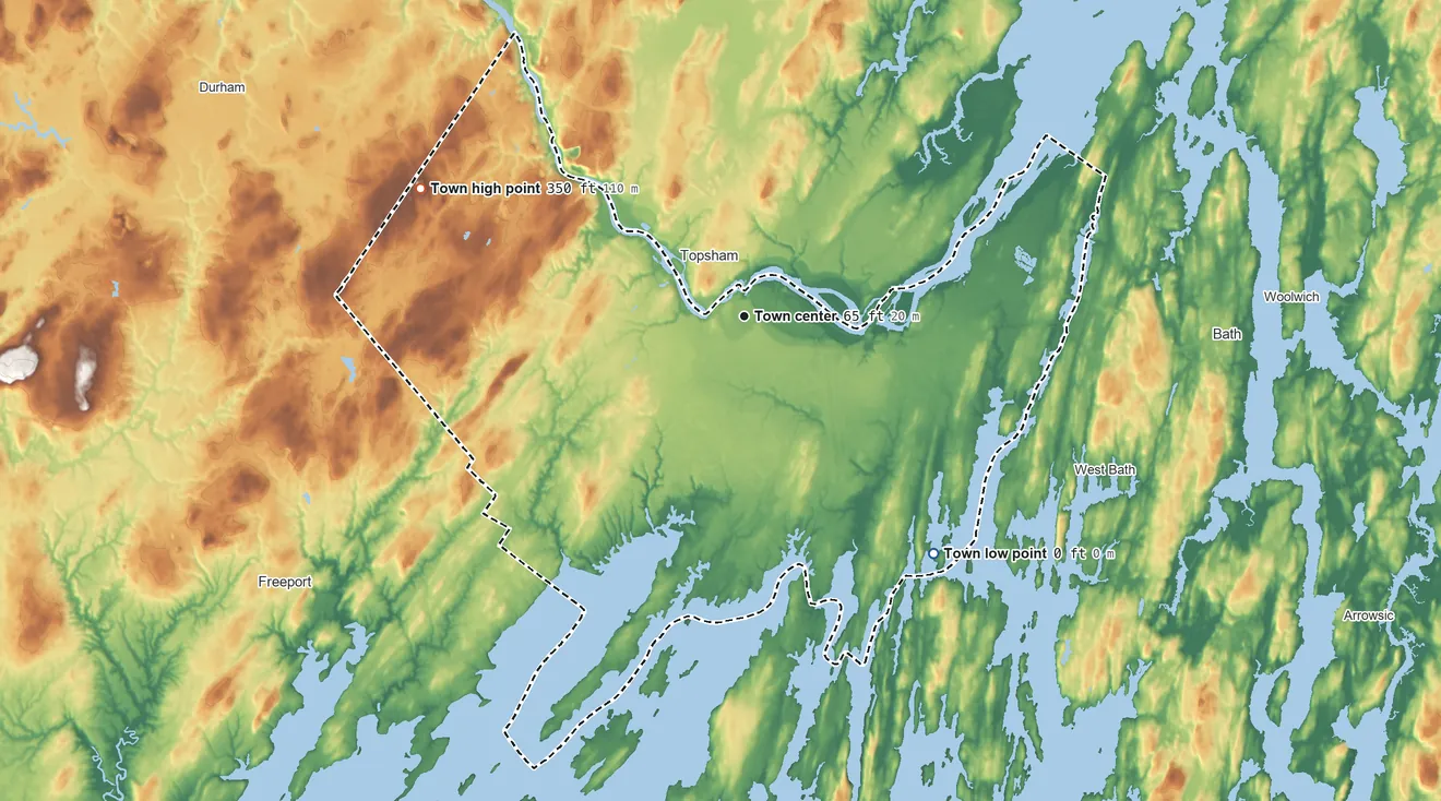 Topographic elevation map of Brunswick, Maine, shaded from sea level level on Casco Bay to 350 ft on Cox Pinnacle