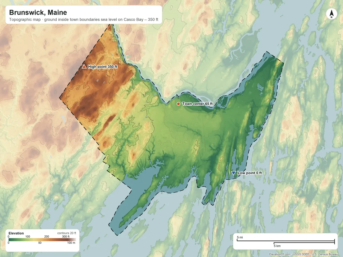 Topographic elevation map of Brunswick, Maine, shaded from sea level level on Casco Bay to 350 ft on Cox Pinnacle