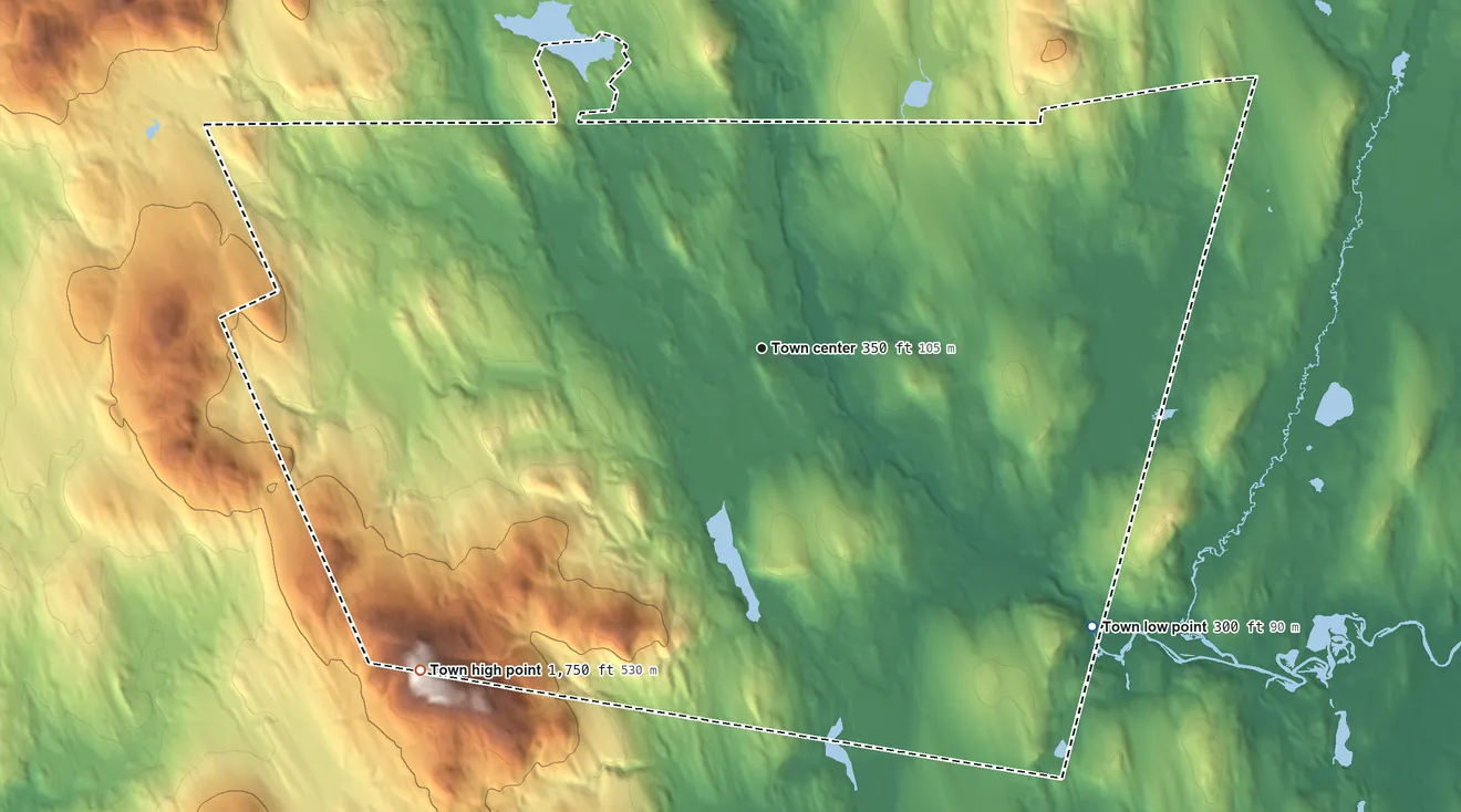 Topographic elevation map of Buckfield, Maine, shaded from 300 ft on the southeast side to 1,750 ft on the southwest edge, below higher ground just outside