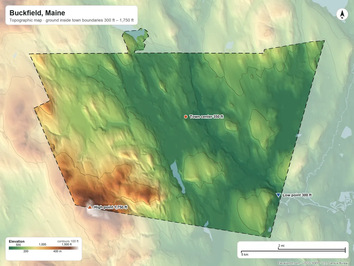 Topographic elevation map of Buckfield, Maine, shaded from 300 ft on the southeast side to 1,750 ft on the southwest edge, below higher ground just outside