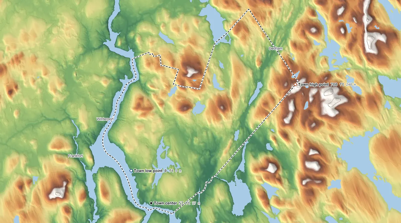 Topographic elevation map of Bucksport, Maine, shaded from 0 ft on the northwest side to 780 ft on the northeast edge, below higher ground just outside