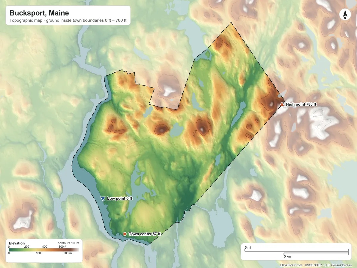 Topographic elevation map of Bucksport, Maine, shaded from 0 ft on the northwest side to 780 ft on the northeast edge, below higher ground just outside
