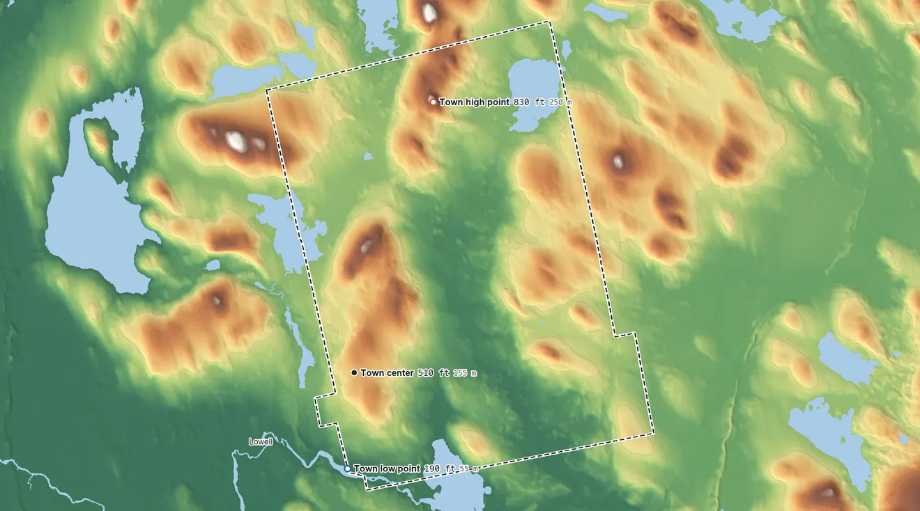 Topographic elevation map of Burlington, Maine, shaded from 190 ft on the south side to 830 ft on the north side